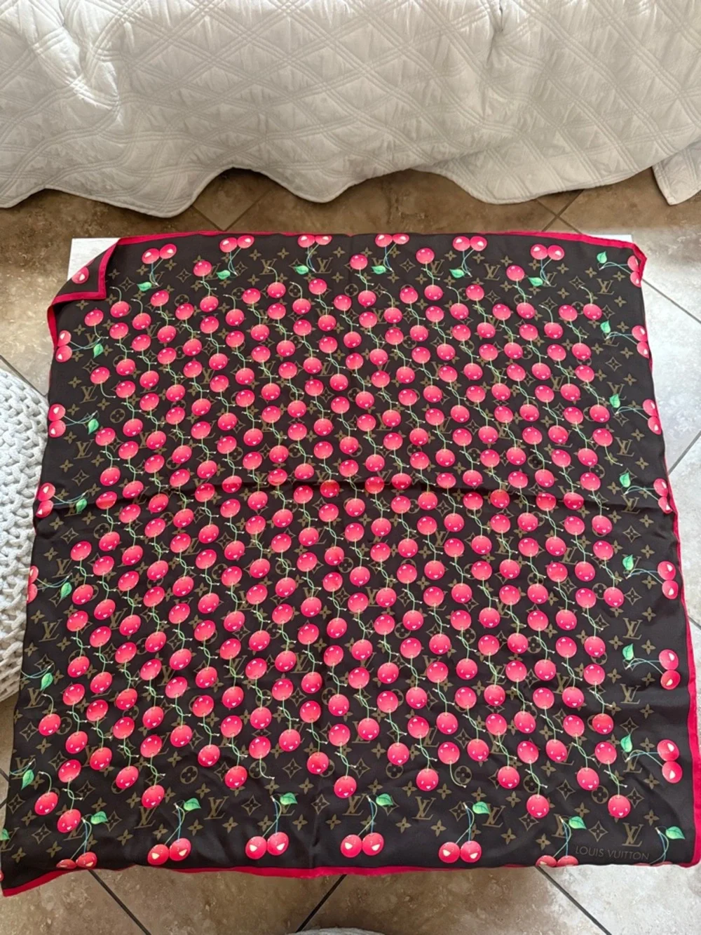 Louis Vuitton / Louis Vuitton Murakami Cherry Square 90 Brown Silk Scarf Vintage